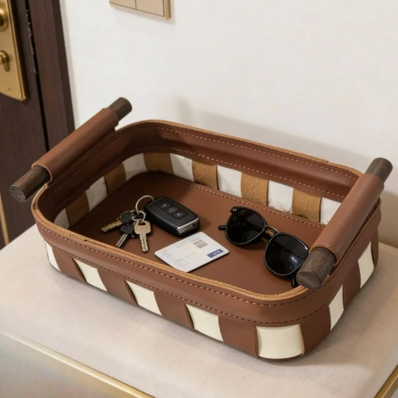 Artificial Leather Storage Baskets Weave Pattern Box Snack Cosmetic Bin Bedroom Living Room Luxury Multi Function Organization