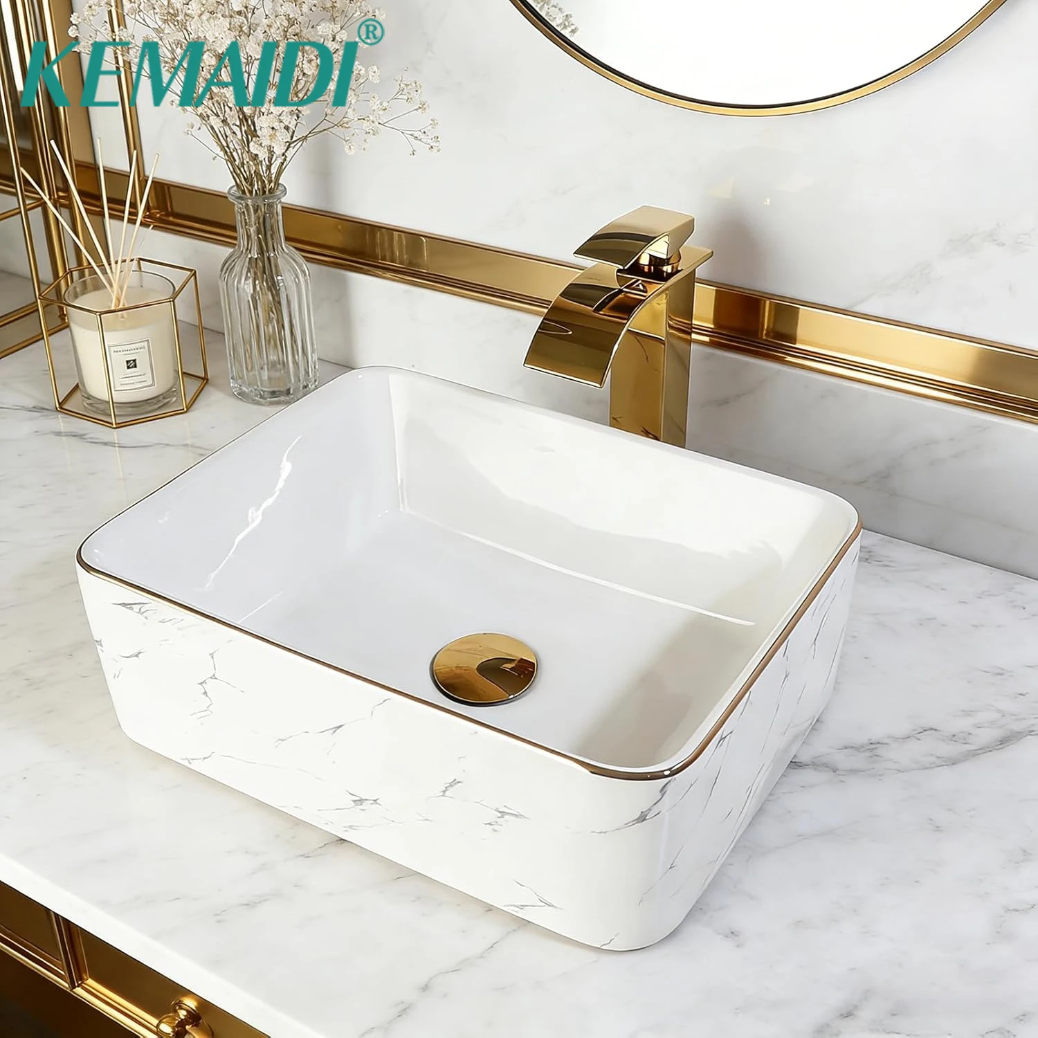 KEMAIDI White Marble Pattern Square Vessel Sink Set, Ceramic Art Basin with Gold Faucet  Above Counter Bathroom Sink Faucets