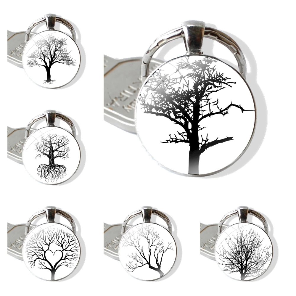 Bare Trees Art Drawing Keychain Handmade Glass Cabochon Key Ring Holder Pendant Key Chains