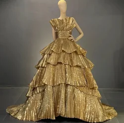 Sparkly Golden Prom Dress Boat Neck Sequins Tiered Pleated Evening Party Gown For Women 2024 Luxury Custom Made Robes De Soirée