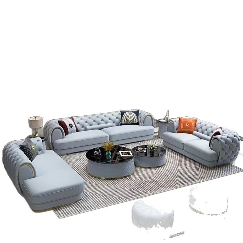 Head light luxury villa sofa 2 + 3 + concubine, Italian simple designer leather buckle furniture sofa combination