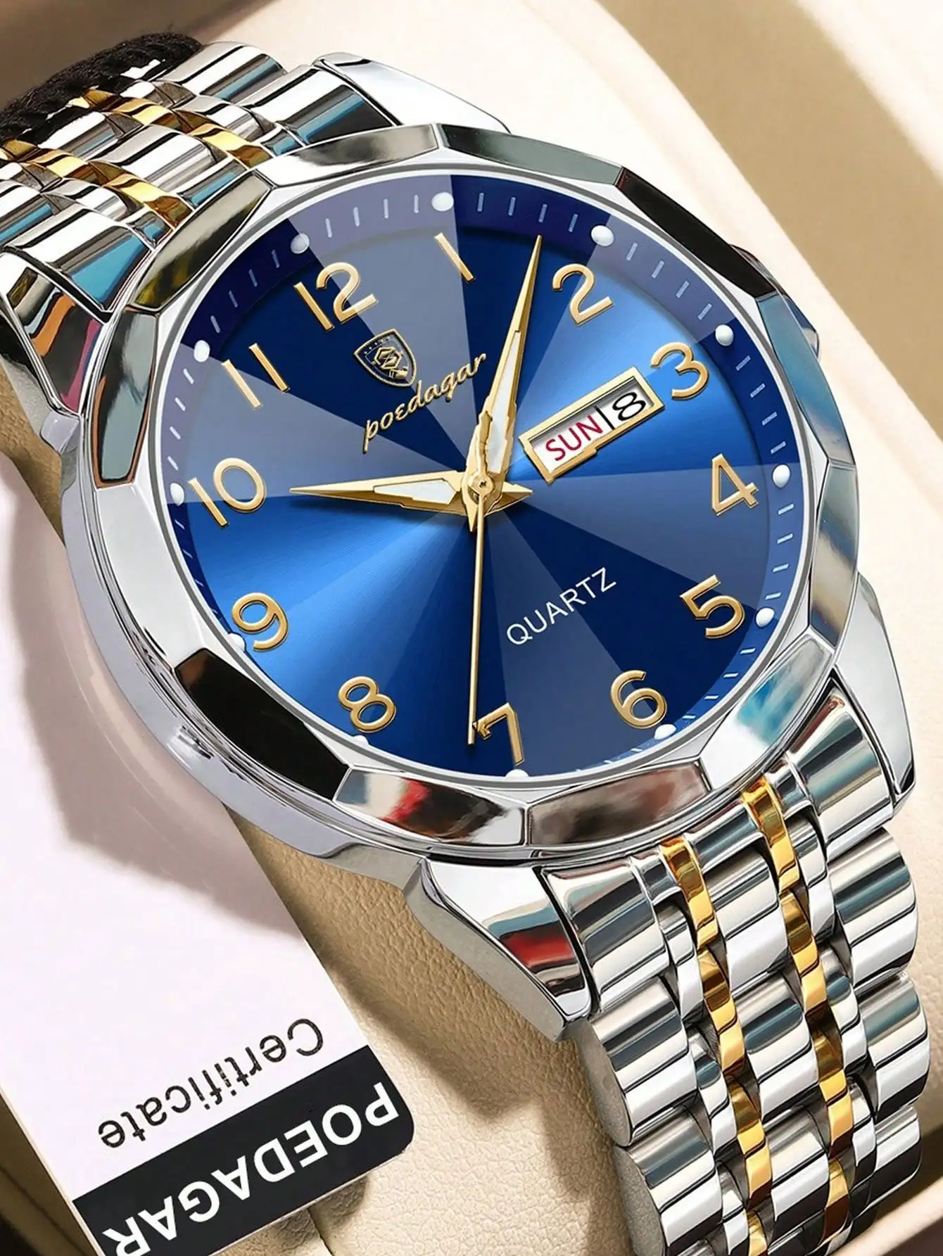 

Мужские кварцевые часы из нержавеющей стали с синим циферблатом, золотыми акцентами, индикацией даты и дня недели, светящимися стрелками