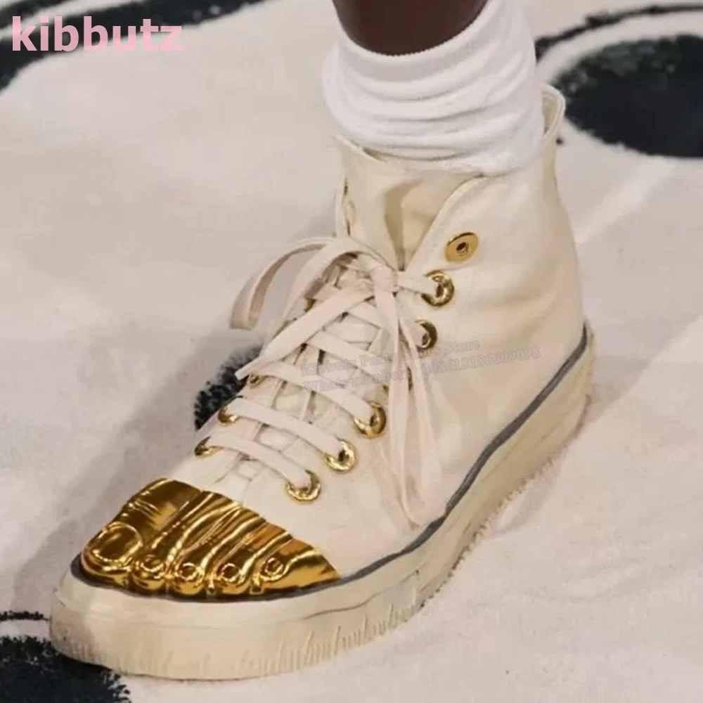Five Finger Shoes Golden Brass Canvas Fashion Sexy Novelty Concise Luxury Women Shoes Newest Lace-Up Round Toe Height Increasing