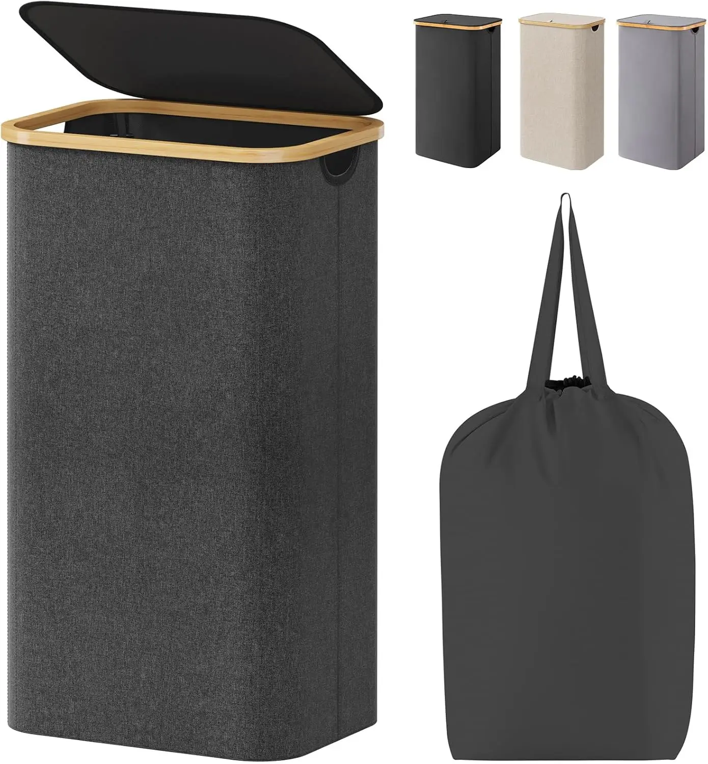 

Складная корзина для белья на 100 л с крышкой, съемным мешком и бамбуковыми ручками для спальни, ванной, общежития - темно-серая