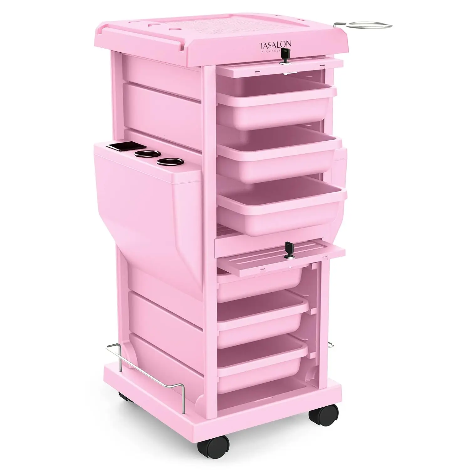 TASALON Lockable 6-Tray Salon Rolling Cart with 2 Holders, Pink | Space-saving mobile trolley to organize tools for hair salons