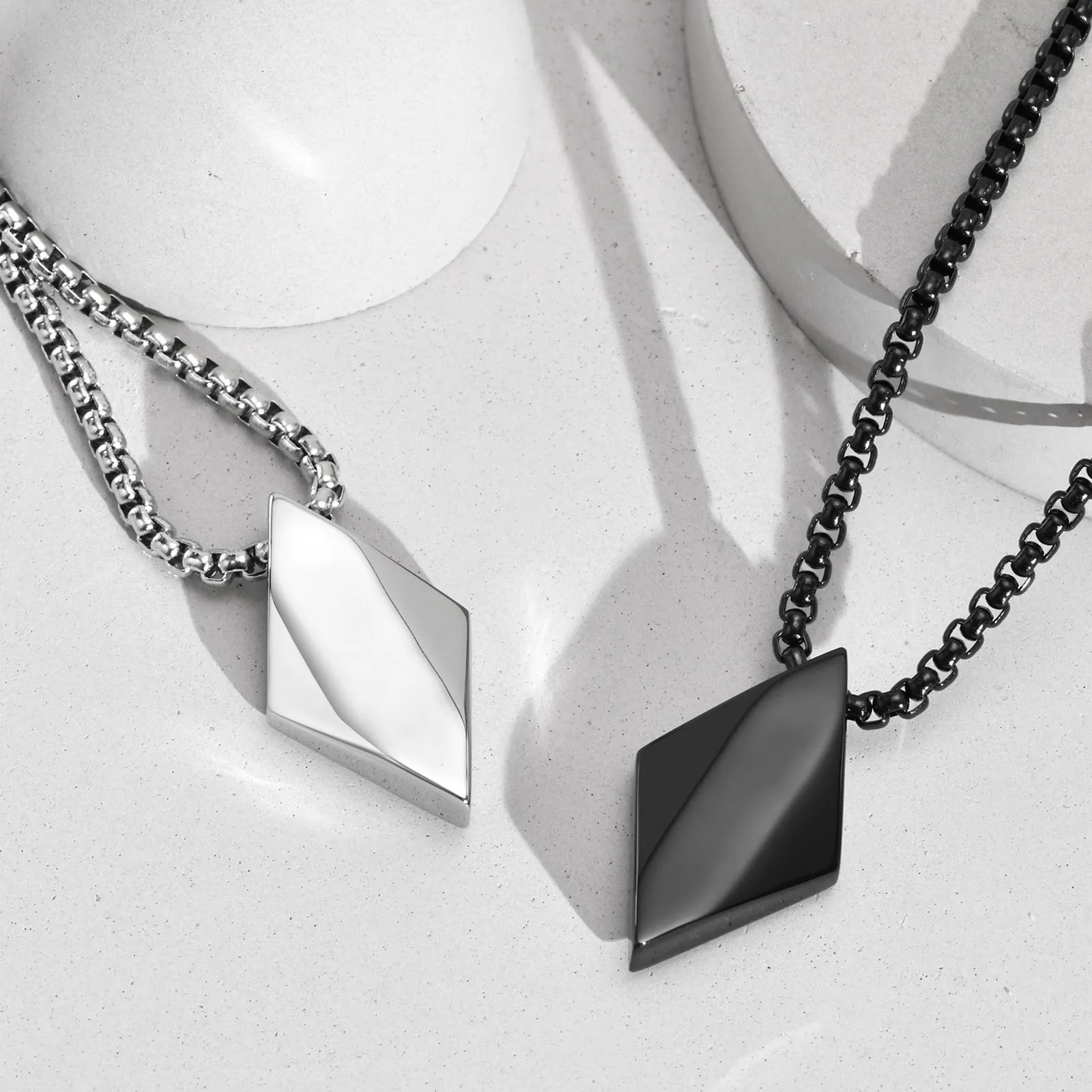 Stylish Geometric Square Rhombus Necklaces Men,Stainless Steel Geometry Lozenge Pendant,Male Collar