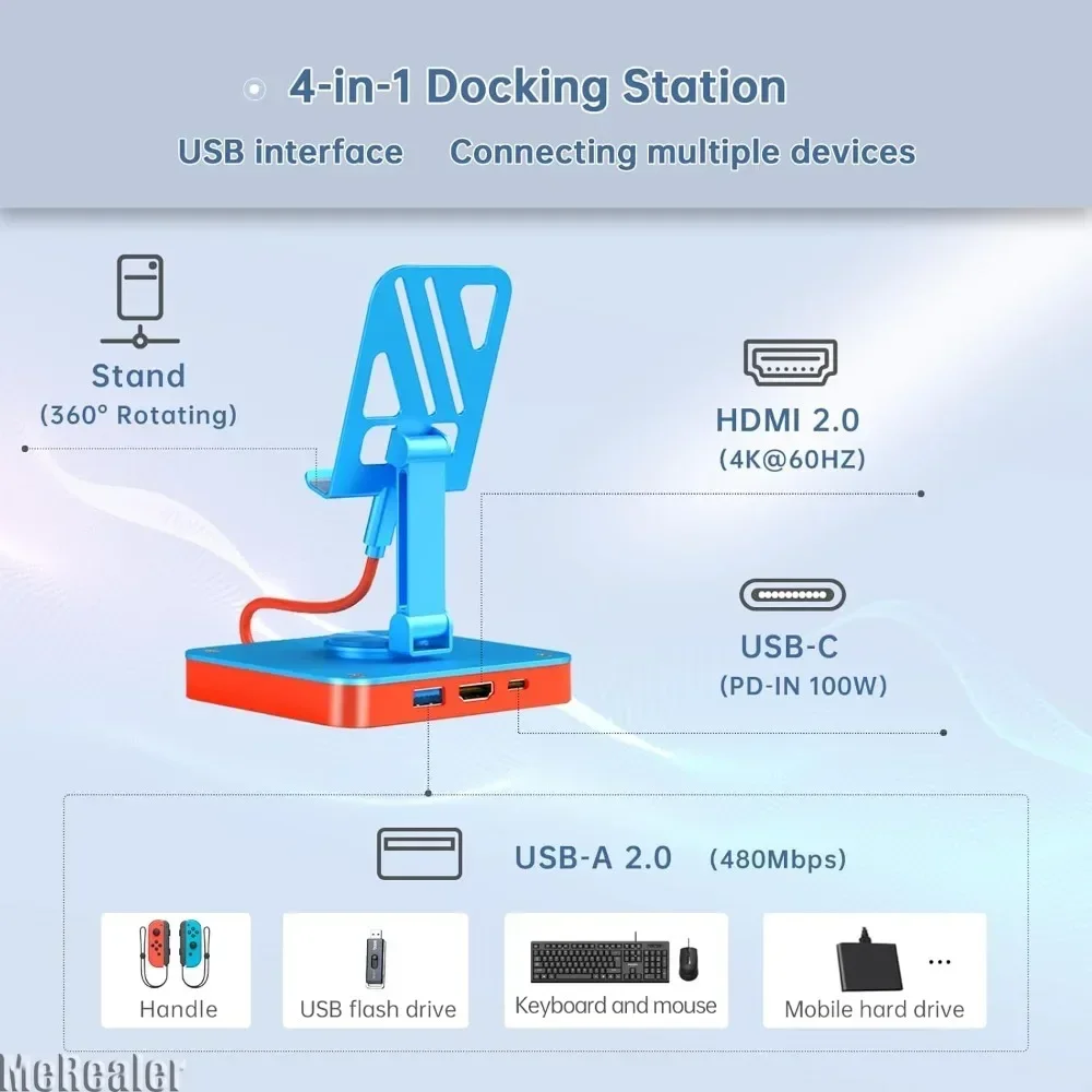 RGEEK-3 in 1 Suporte de Interruptor Ajustável, USB-C Hub com HDMI2.0, 4K @ 60Hz, USB 2.0,PD 100W Portas de Carregamento para Switch OLED