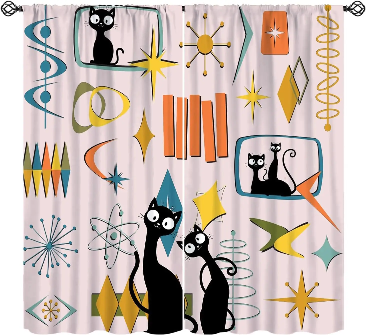 Cute Cat Science Pattern Curtain Pink Geometric Boho Window Drapes Modern Living Room Decor for Home Bathroom Kitchen Accent Dra