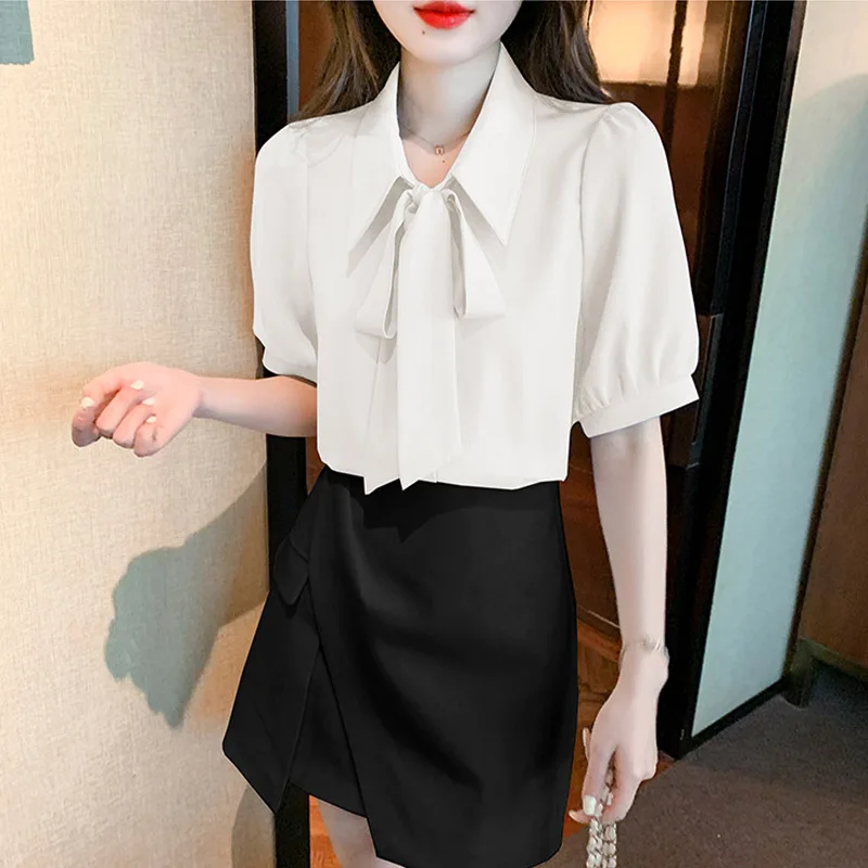 Summer Vintage Solid Chiffon Shirts Women Clothing Fashion Turn-down Collar Bow Blouse Loose Casual Simple Office Lady Tops