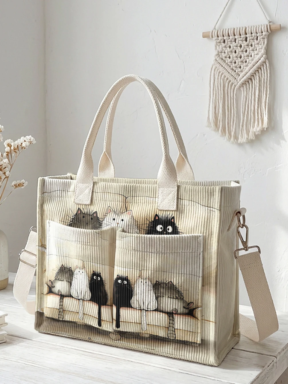 

Cute Cats Print Beige Corduroy Tote Bag Large Capacity Multi Pocket Commuter Shoulder Bag