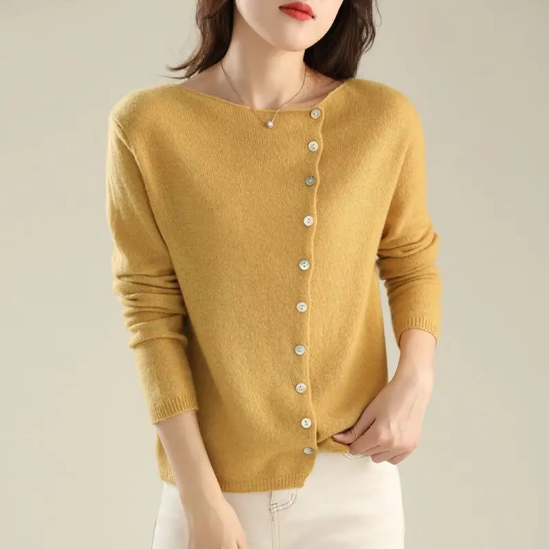 Women Clothing 2023 Autumn Winter Simple Casual Long Sleeve Knitwear Soft Comfortable Solid Slim Button Knitted Sweater Cardigan