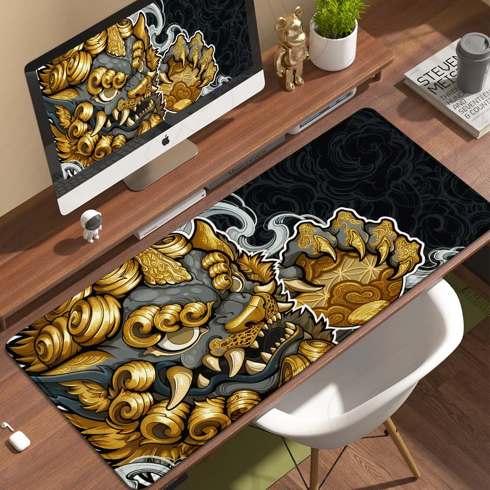 XXL Chinese style Lion dance Large Gaming Mouse Pad HD printing Stitched Edges Non-Slip Natural Rubber anime Desktop Office Rug