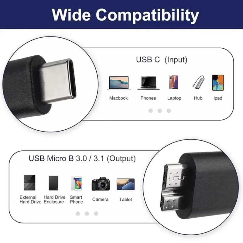 USB C to Micro B 3.0 Cable for Hard Drive Disk 5Gbps 3A Fast Data Sync  Cord USB Type C Micro B Cable for Macbook HDD SSD Case