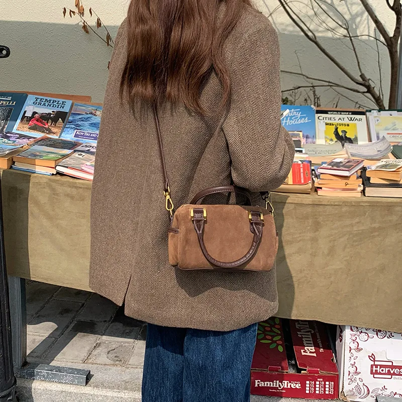 Fashion Vintage Faux Suede Boston Handbags Coffee Mini Pillow Shoulder Crossbody Bags for Women 2023 New In Purses