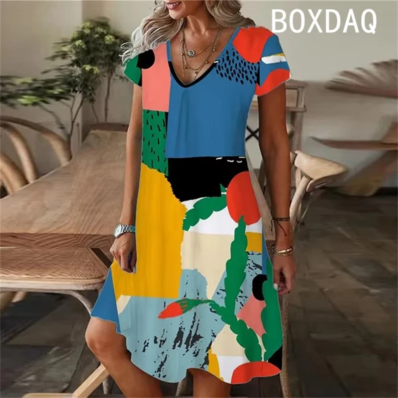 Vintage Colorful Patchwork Pattern Printed Dress Women Summer Short Sleeve O-Neck Casual Dress Big Size 3XL Female Vestidos
