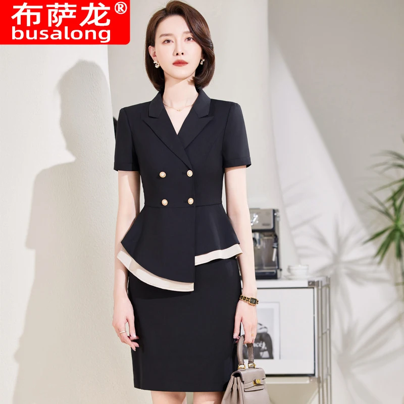Summer lightweight short-sleeved women's suit with a stylish buttoned collar, professional work pants, work uniform, professiona