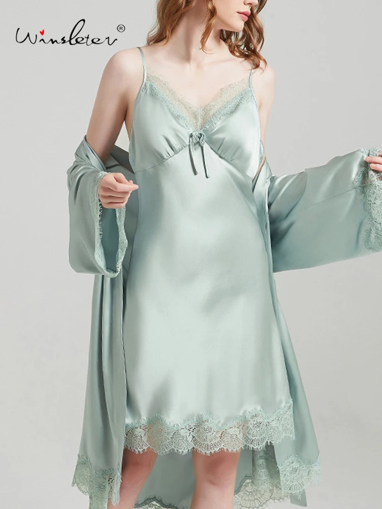 

Winsleter-19MM Комплект элегантного ночного халата из 100% натурального шелка, с кружевными вставками, женский сексуальный халат-комбинация, Весна 2026 S61841CC