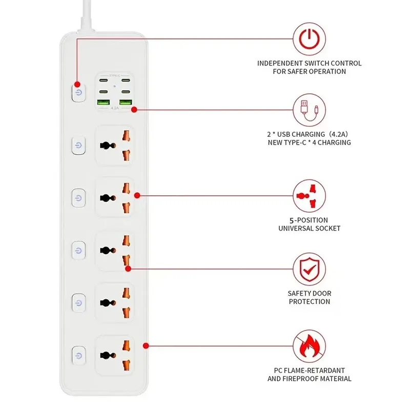 Universal Power Strip Socket Multi-Port USB Charging Socket with Independent Switch 5 * AC Outlets + 4 * USB-A + 2 * USB-C