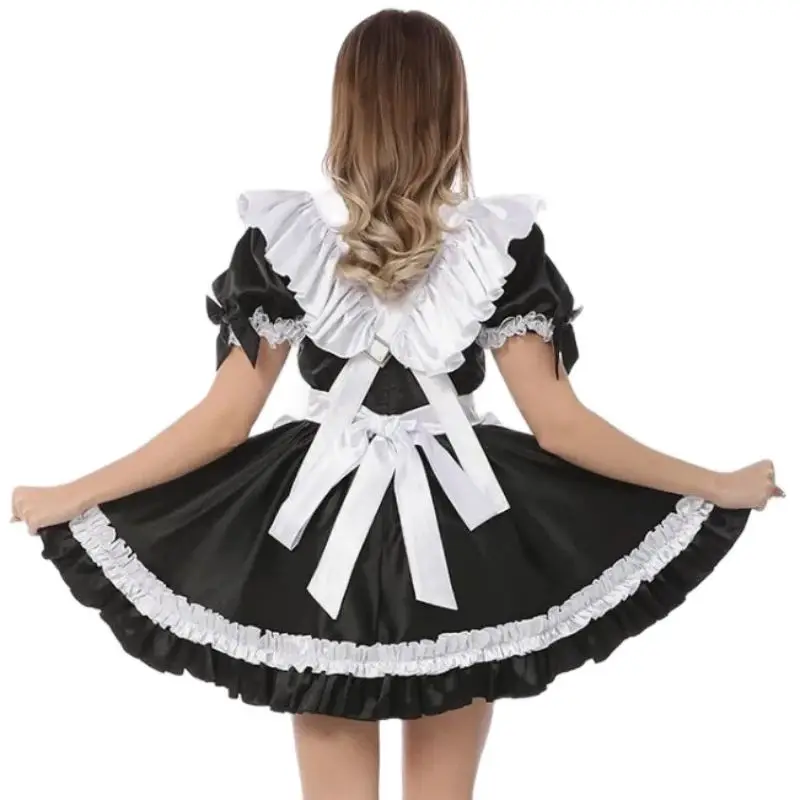 French Sexy Adult Custom Fetishist Cross Dressing Sissy Shoulder Fluffy Gothic Lace Cuffs Apron Heart-shaped Decorative Dress