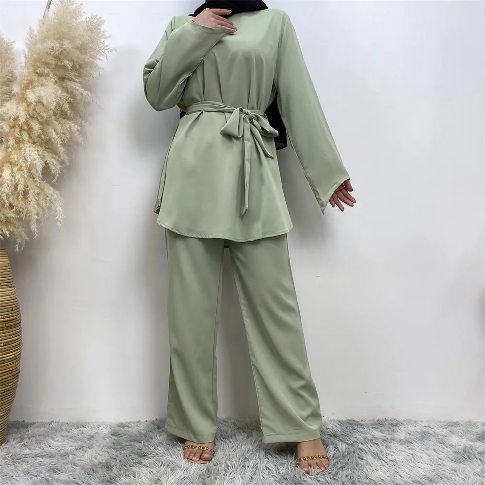 Muslim Women Outfits 2 Pieces Set Islamic Long Sleeve Tops Pants Suit Dubai Abaya Turkey Kaftan Belted Trousers Dress Robe Gown