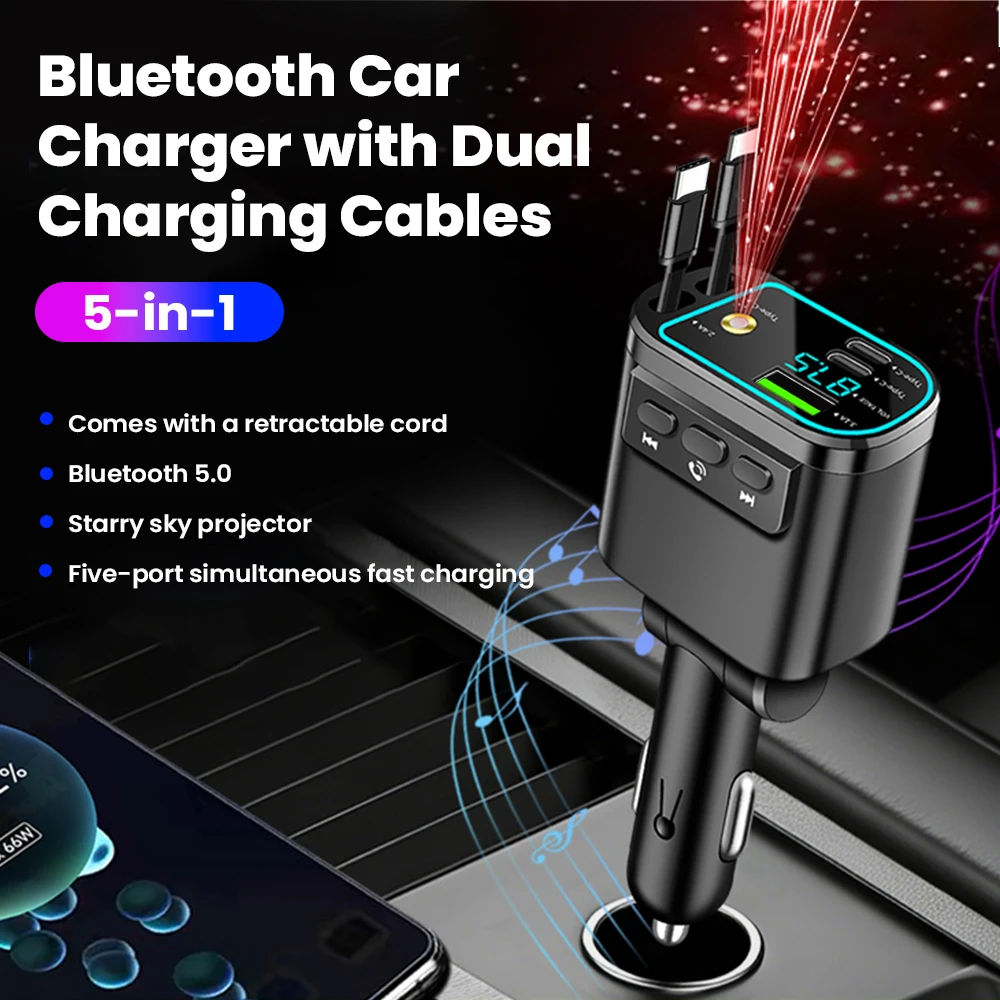 

Автомобильное зарядное устройство 5-в-1: 5V3.1A USB + 5V3A Type-C + двойной выдвижной кабель для быстрой зарядки, адаптер с цифровым дисплеем и проекционной лампой Starlight
