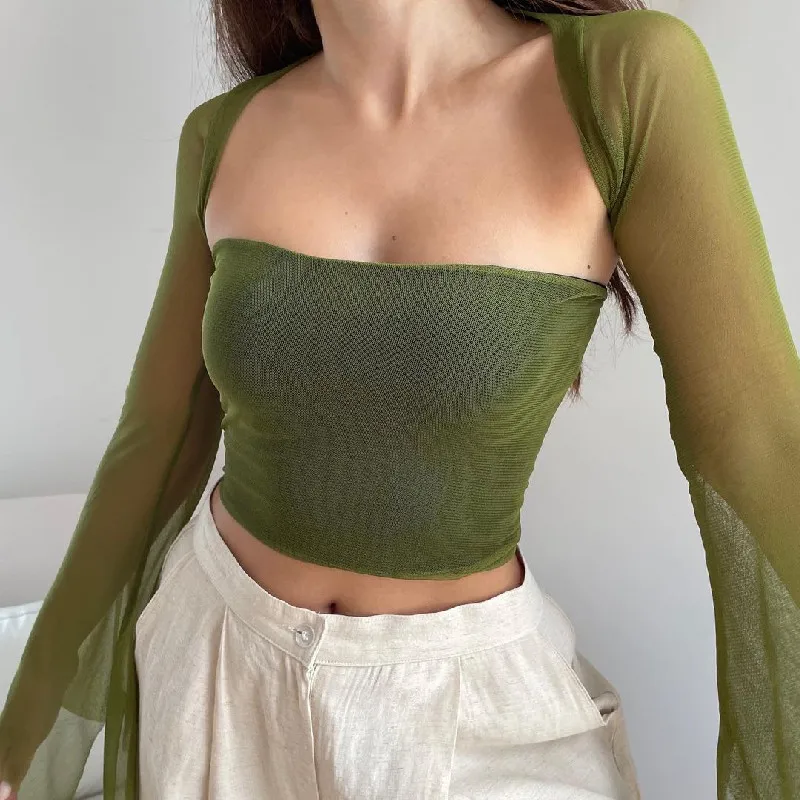 

Sexy See-through Tube Top Two-piece Long-sleeved Tops Fashionable Solid Slim-fitting Cropped Top Streetwear Y2k Women Clothing