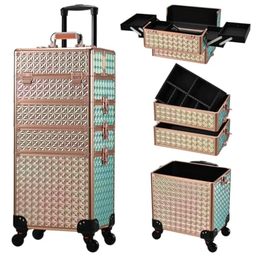 

Rolling Makeup Case for Salon, Rose Gold Aluminum Alloy, 4-in-1 Large Cosmetic Organizer with Swivel Wheels, Lightweight Durabl