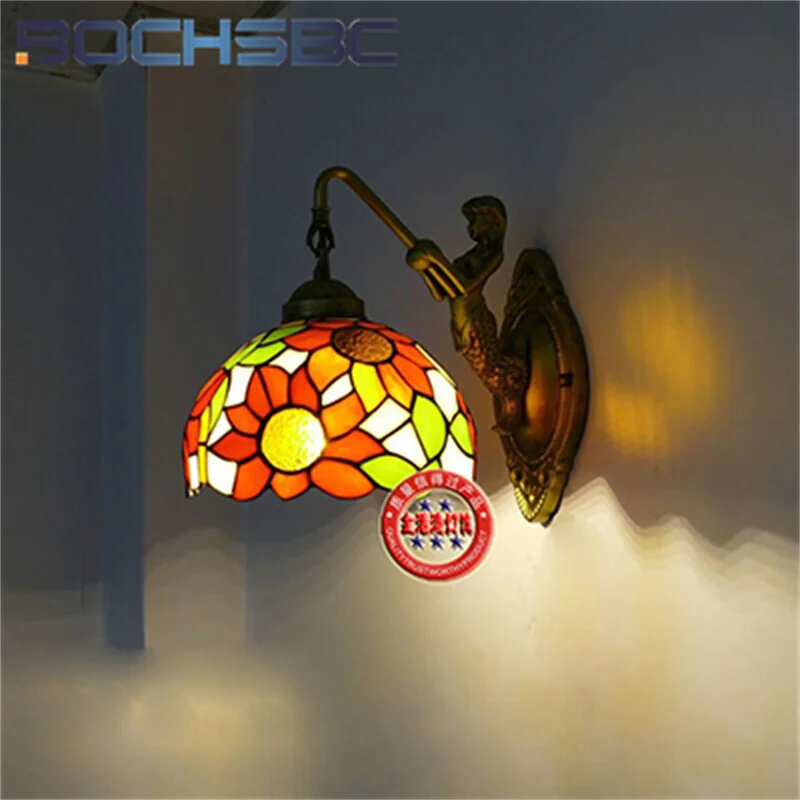 BOCHSBC Tiffany style European sunflower stained glass 8inch wall lamp for dining room study bedroom bedside corridor LED decor