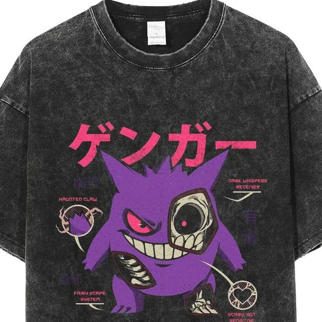 Pokémon Gengar camiseta anime masculina, moda Y2K, streetwear retrô de hip hop harajuku, tops de manga curta respirável, presente de verão