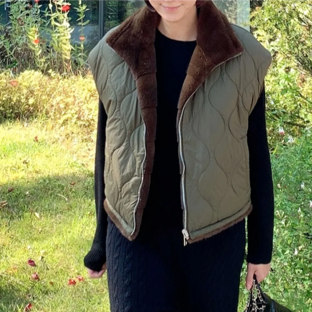 Frauen Chic Koreanische Sle Weste Jaet Doppelseitige Tragen Pelz Spleißen Svel Top Vielseitig Retro Design Herbst Winter