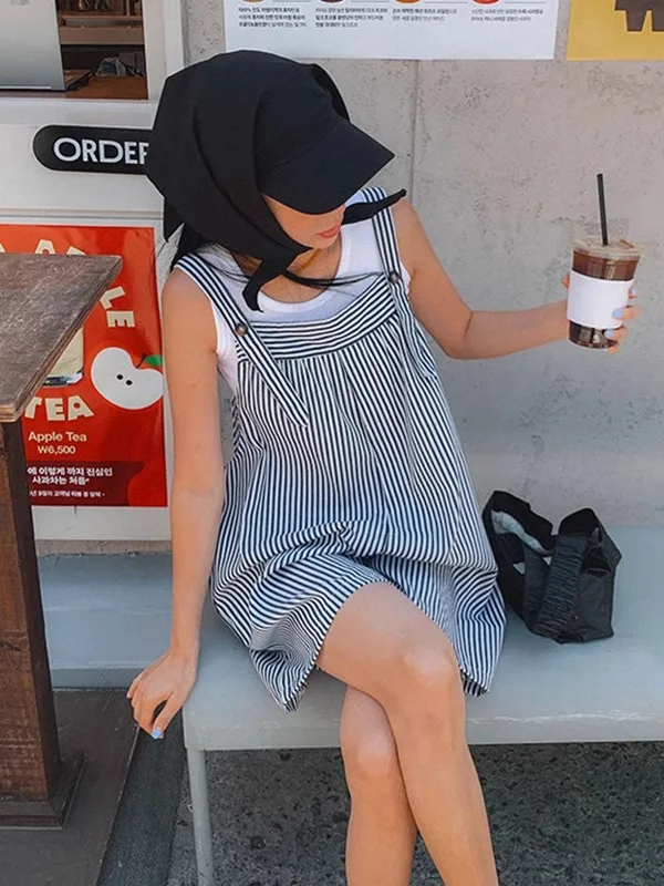 

Striped Wide Leg Jumpsuit Women's Vintage Loose Slimming Sweet Anti-aging Versatile Short Pants Trendy High Waist Cotton