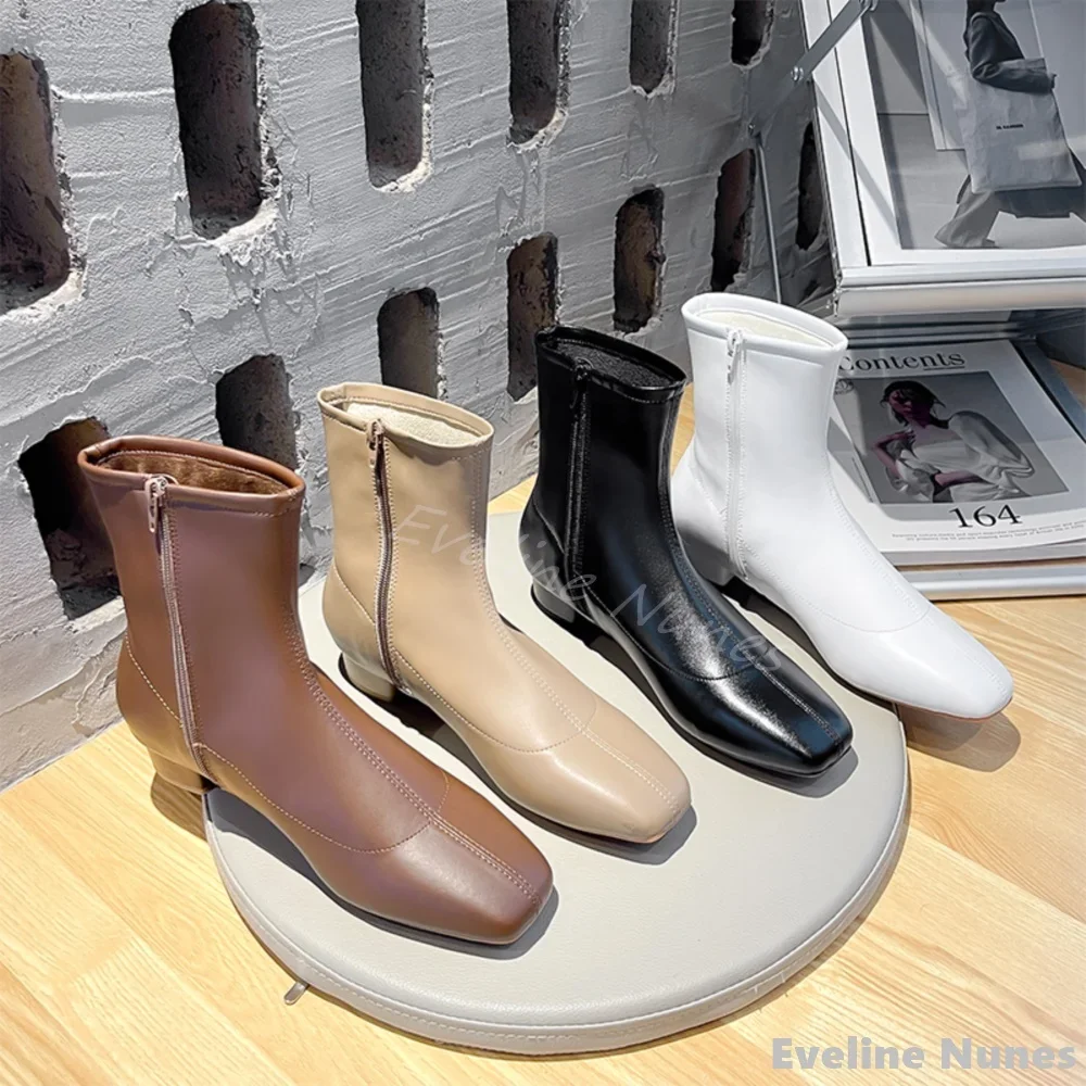 

Square Toe Splicing Stretch Mid-calf Boots Women Chunky Heel Side Zipper Solid Leather Boots 2025 Spring New Special Offer Boots