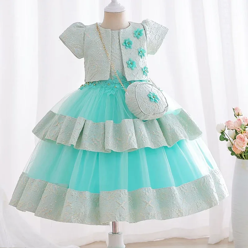 Elegant Jacquard Pattern Tulle Patchwork Dress Kids Girls Princess Party Casual Birthday Dresses 3pcs/set Warm Dress for Girls