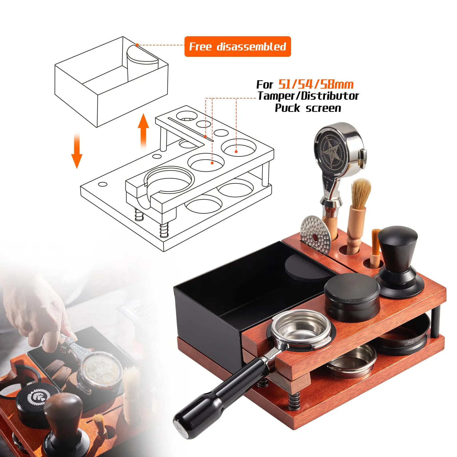 Wood Tamper Stand Knockbox Double-wall Spring-loaded Coffee Barista Tool Organizer Tamping Station Holder Espresso Knock Box 2