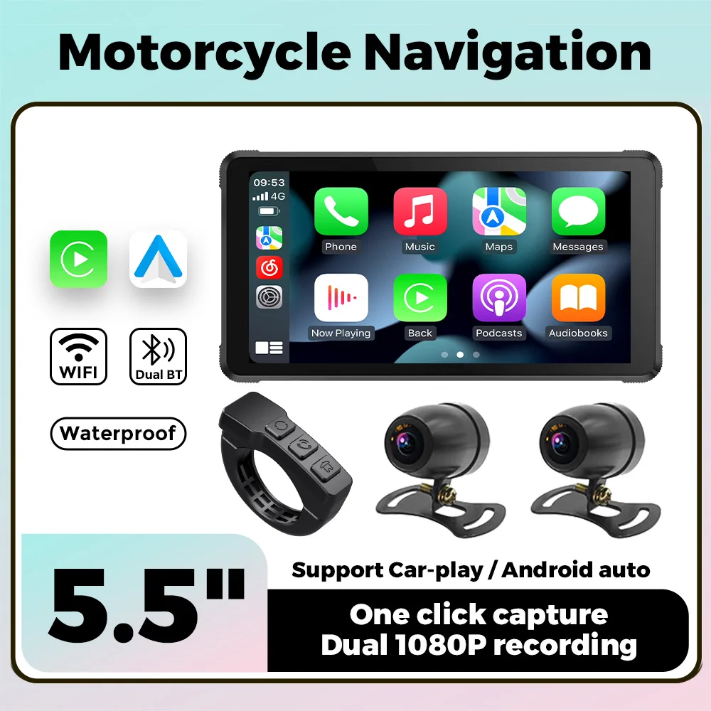 

Navifly Portable Motorcycle 5.5'' LCD Display Navigation IPX7 Waterproof Wireless Carplay Android Auto Moto Dash Cam Monitor GPS