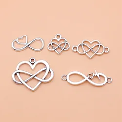 5pcs Antique Silver Color Infinity Symbol Heart Charms Collection For DIY Jewelry Making, 5 Styles, 1 of Each