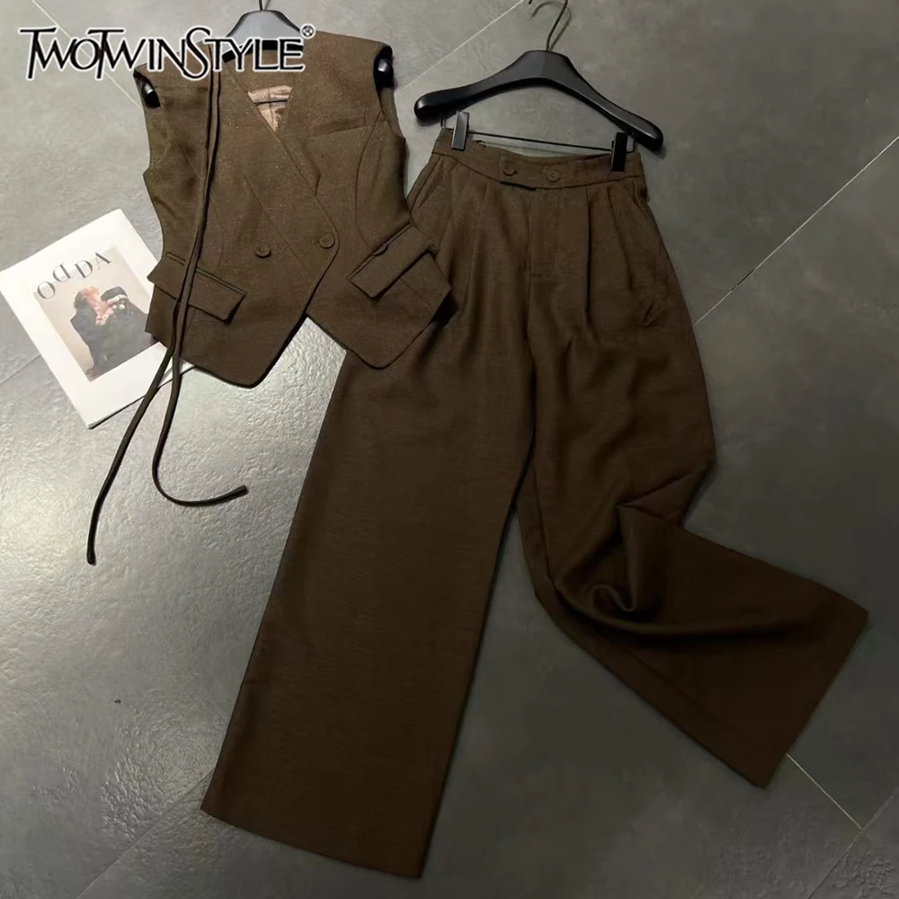 

TWOTWINSTYLE однотонные комплекты из двух предметов для похудения для женщин, топ без рукавов с v-образным вырезом, брюки с высокой талией, повседневный комплект, женская мода KSE545859