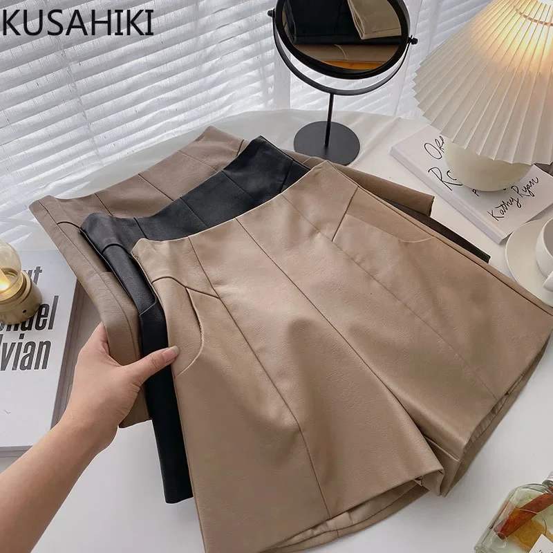 KUSAHIKI Pu Shorts Women Elegant High Waisted Bottoms Korean 2023 Autumn Leather Wide Leg Short Feminimos 6L537