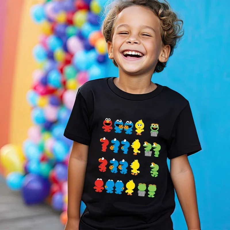 تي شيرت للأطفال مطبوع عليه شارع سمسم بأكمام قصيرة، قميص أسود كارتوني مناسب للأولاد والبنات من القطن الخالص بأكمام قصيرة #4