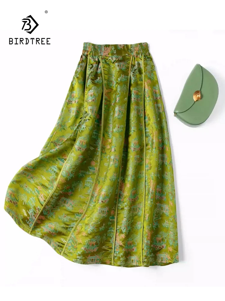 BirdTree, 50%Real Silk Song Brocade Elegant Skirt, Women Elastic Waist Jacquard, Retro Commute Skirt, 2024 Summer New B44883QC