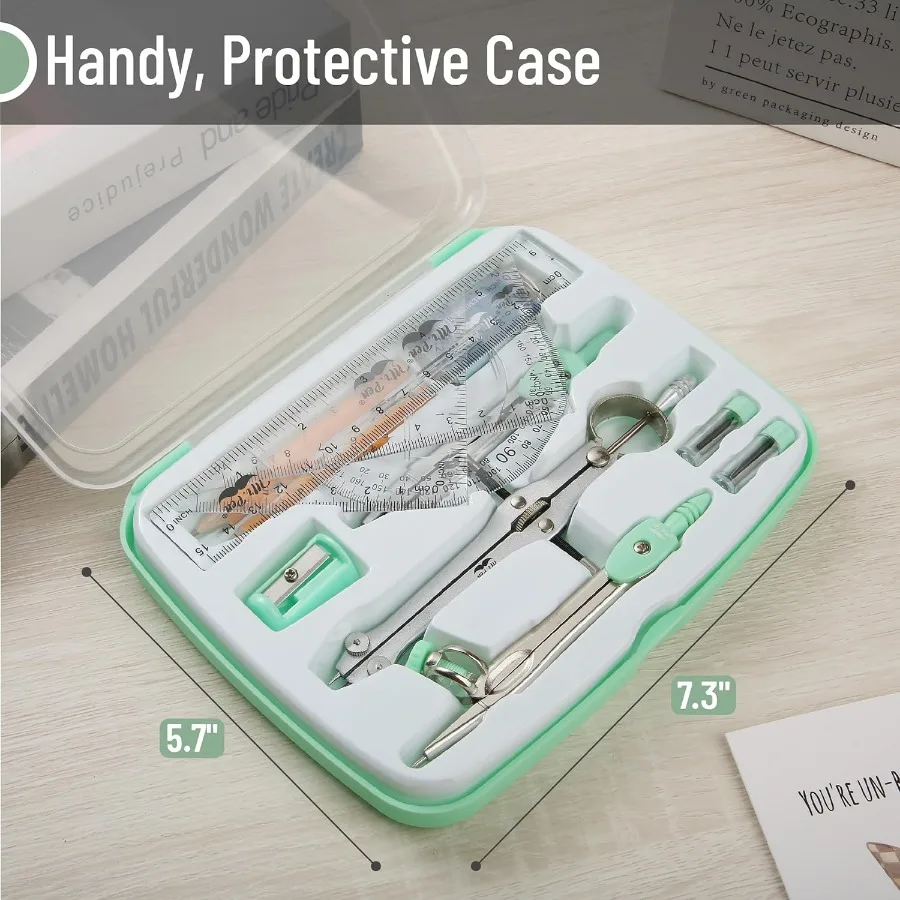 13ピース ミントグリーン 幾何学セット - 割れない収納ボックスとコンパス付き