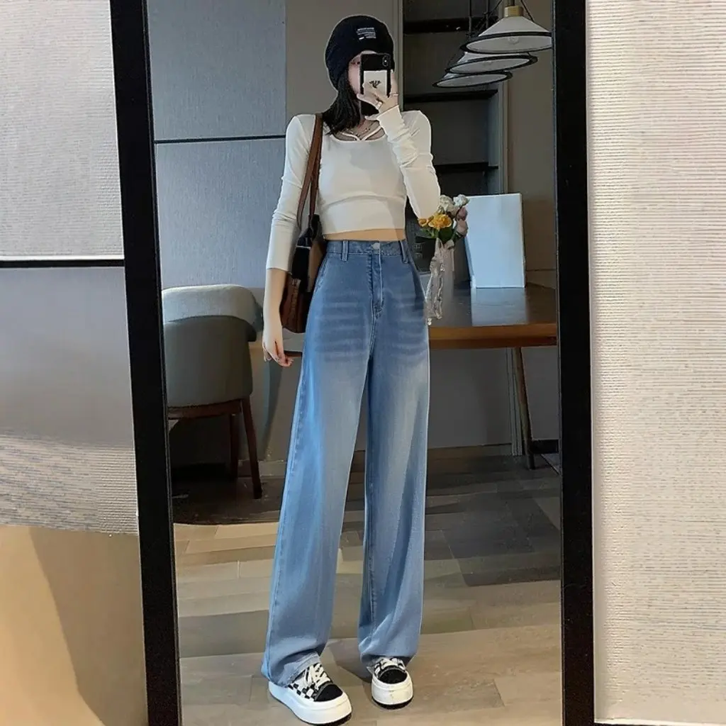 

Женские джинсовые брюки очень большого размера в уличном стиле с высокой талией и широкими штанинами, вместимость 150 кг, весна/осень, новая мода