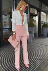 Newest 2023 Designer  Suit Set Women's Office Single Button Color Block Patchwork Blazer  Pants Suit