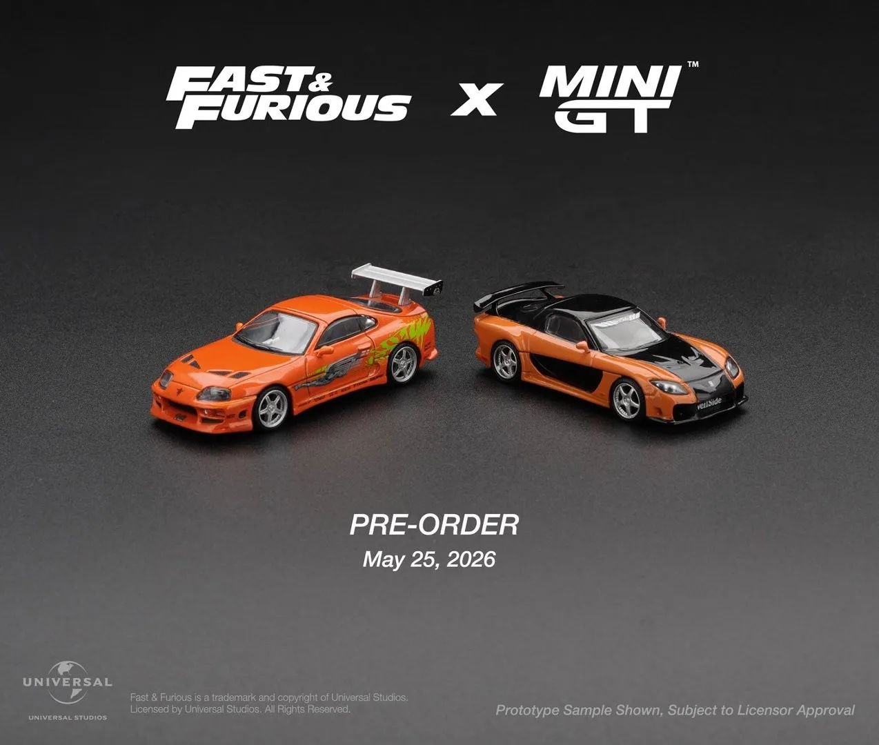 MINIGT 1/64 Toyota Supra BOMEX Mazda RX-7 VeilSide Fortune 'Fast & Furious' Brian O'Connor (Plastic Card Packaging)MGT01250-1251