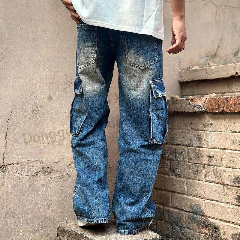 Wholesale High Street Fashion 15oz Denim Multi-pocket Workwear Cargo Casual Trousers Men's Cargo Pant Mens Denim Jeans Pants
