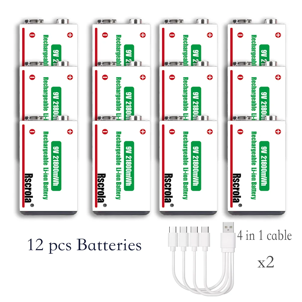 Langdurige 9V Lithium-ion Oplaadbare Batterij 21800mWh Hoge Capaciteit voor Gitaar Microfoon Rookmelder Pedaal met Kabel