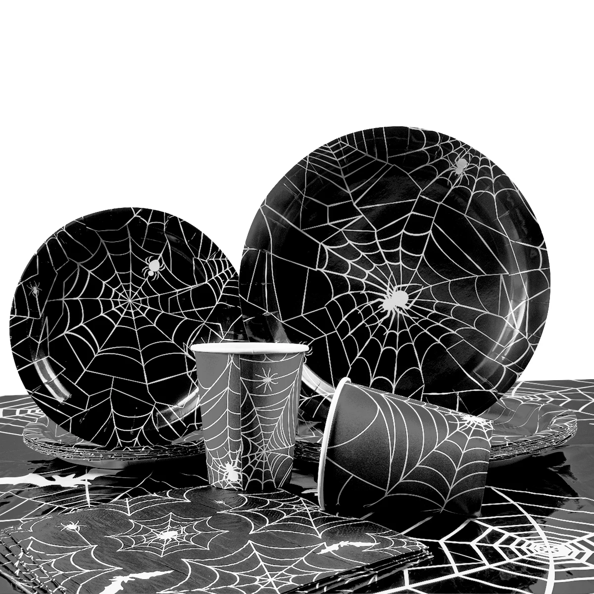 Halloween Party Spider Web Disposable Tableware Set Black Paper Plates Cups Napkin Halloween Birthday Party Decoration Supplies