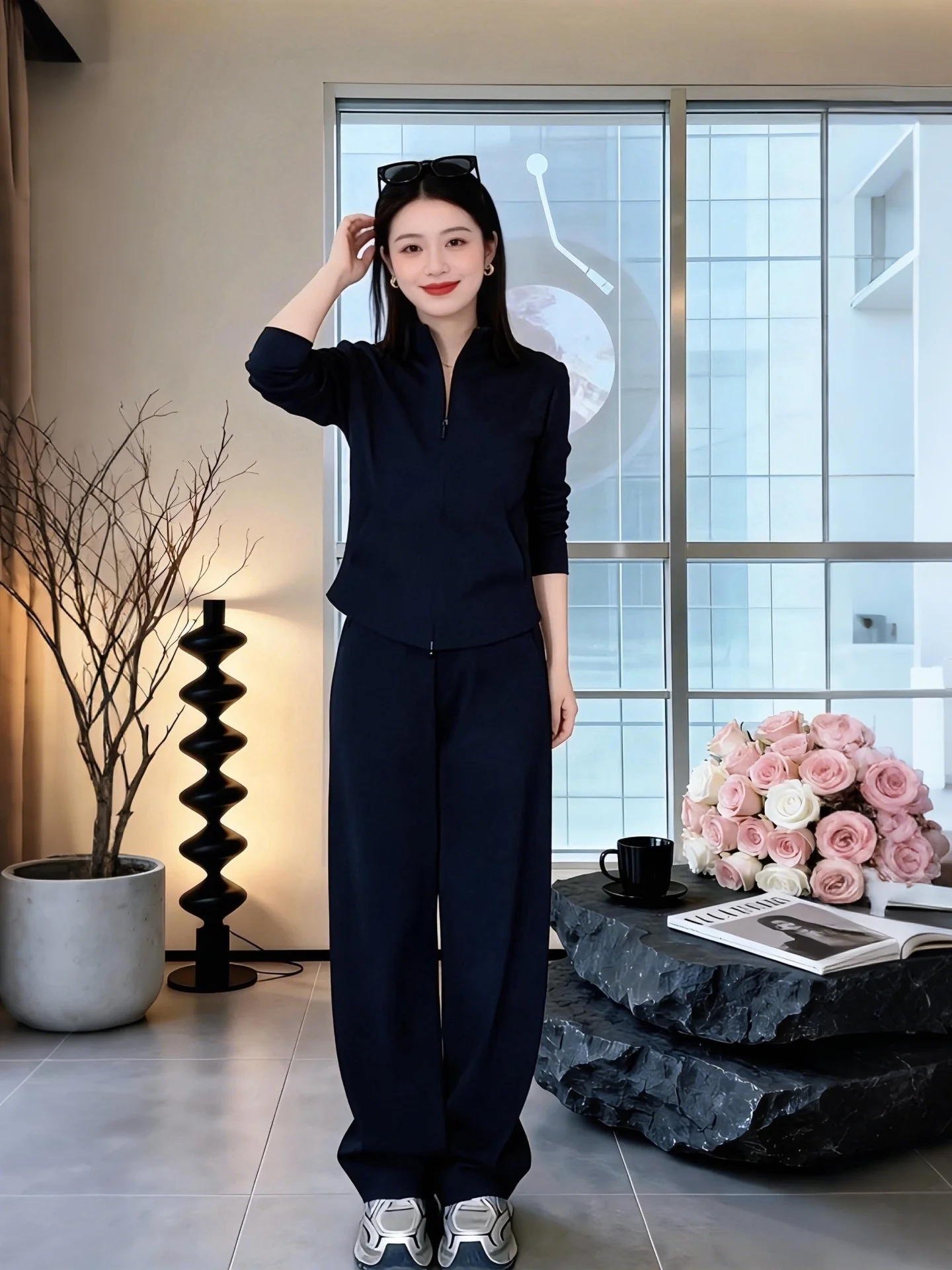 

Korean Style Casual Sportswear Set Spring Autumn New Zipper Open Cardigan Wide Leg Pants Two Piece Set Women Fashion Outfit