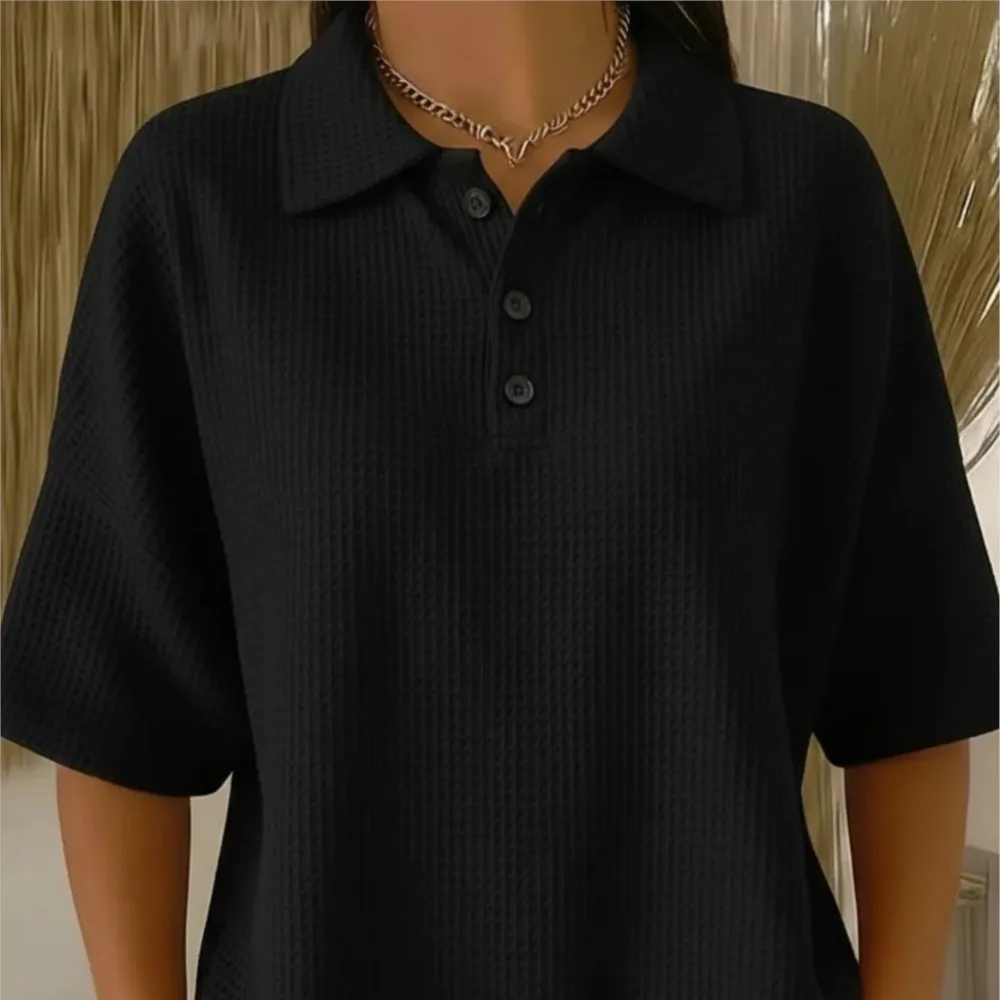 Casual Simple T-shirt Spring Summer Solid Color Loose Fashion Lazy Style Waffle Short-sleeved Button Polo Collar Pullover Tops