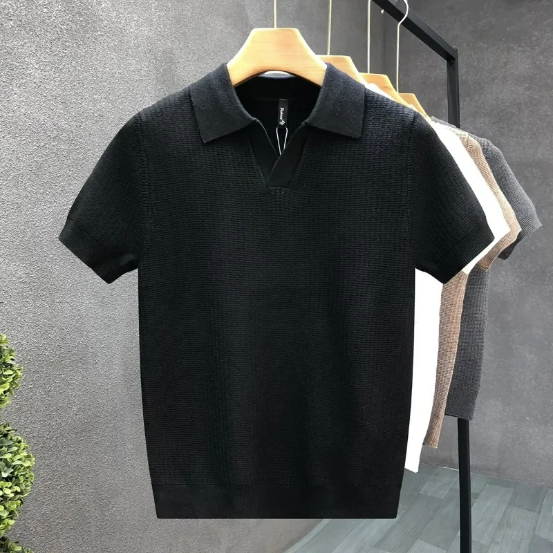 KIDWHXR Man Knitted T-shirt Summer Slim Breathable Business Casual Male Polo Shirt Men Thin Solid Short Sleeve Versatile Top
